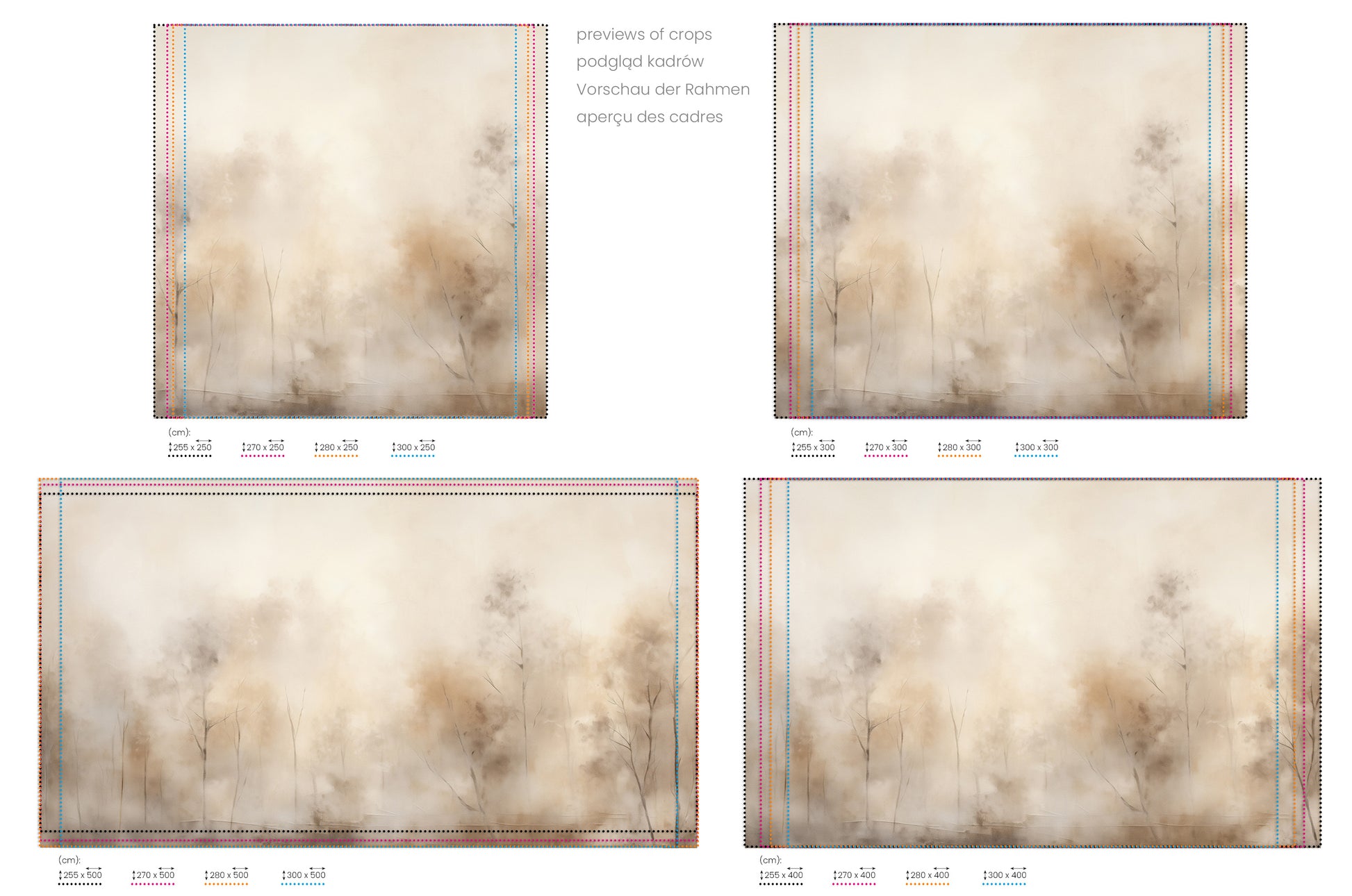 Na obrazie znajduje się prezentacja przykładowych rozmiarów fototapety o nazwie AMBER FOG FOREST MURAL. Rozmiar fototapety jest dowolny.