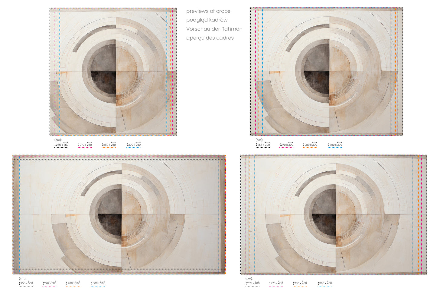 Na obrazie znajduje się prezentacja przykładowych rozmiarów fototapety o nazwie MONOCHROME ECLIPSE ABSTRACTION #2. Rozmiar fototapety jest dowolny.