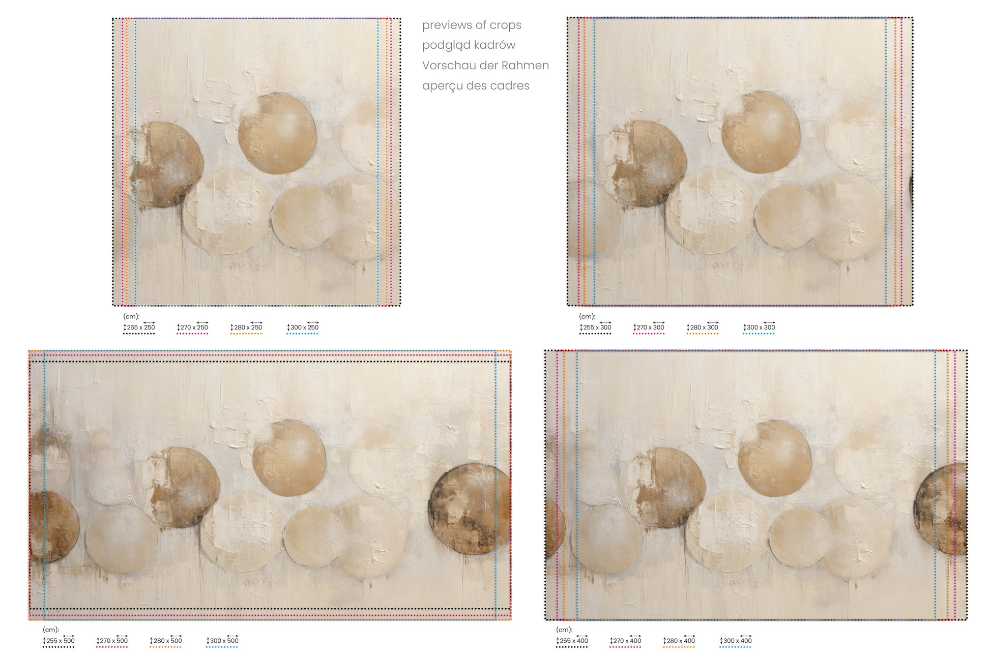 Na obrazie znajduje się prezentacja przykładowych rozmiarów fototapety o nazwie ANTIQUE ORB RELIEF. Rozmiar fototapety jest dowolny.