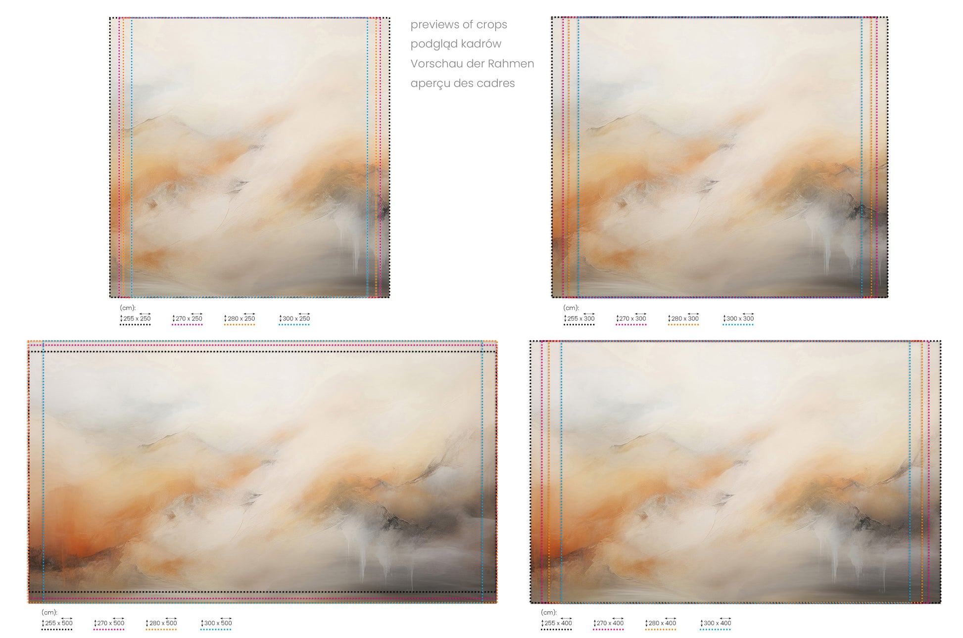 Na obrazie znajduje się prezentacja przykładowych rozmiarów fototapety o nazwie GOLDEN PEAKS ABSTRACT LANDSCAPE. Rozmiar fototapety jest dowolny.