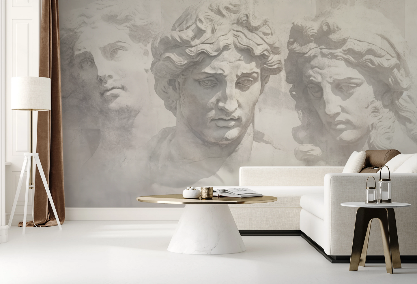 Zdjęcie prezentuje aranżację wnętrza z użyciem fototapety o nazwie Greek Tragedy pokazanej w aranżacji wnętrza.