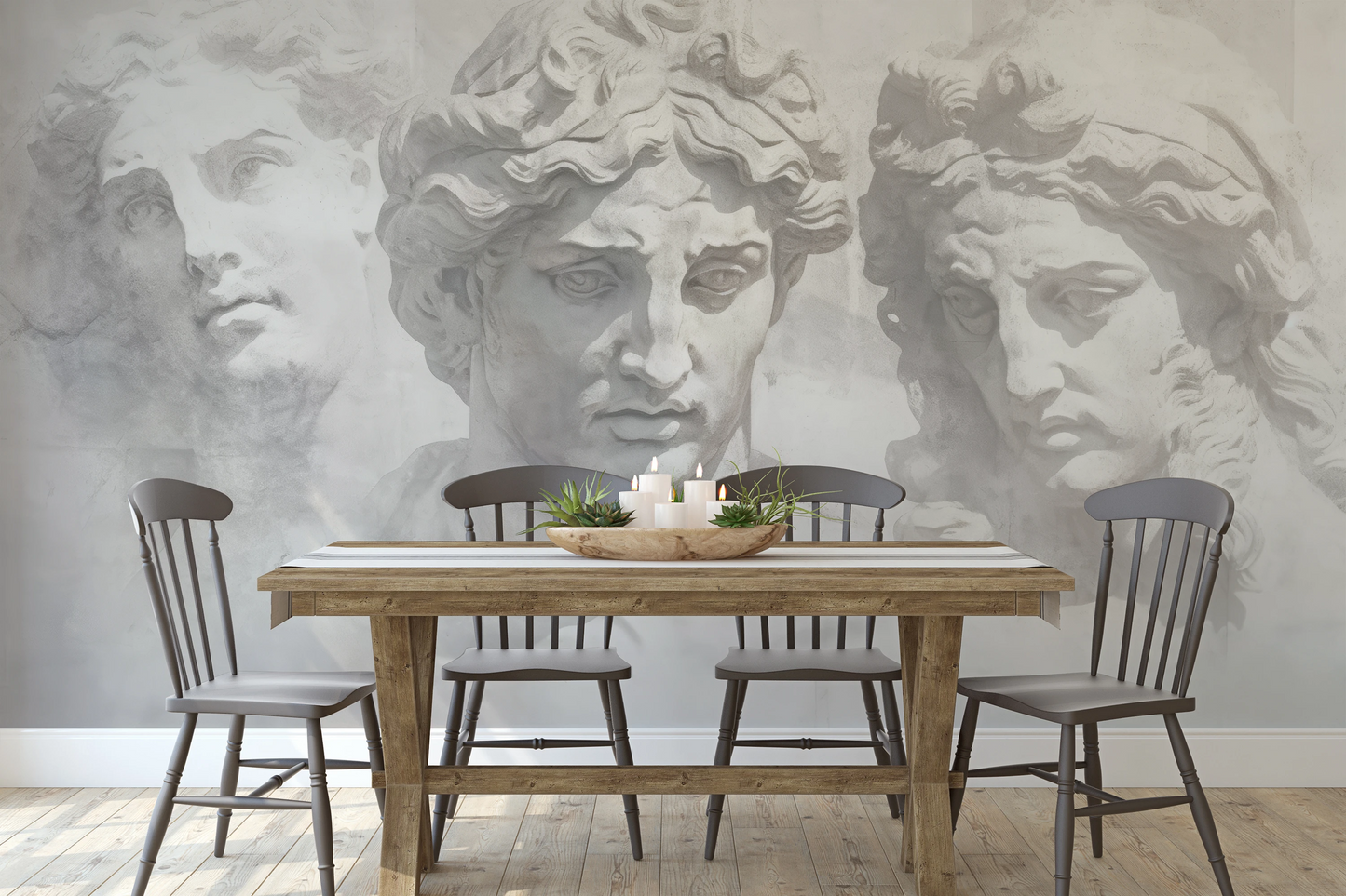 Wzór fototapety artystycznej o nazwie Greek Tragedy pokazanej w aranżacji wnętrza.