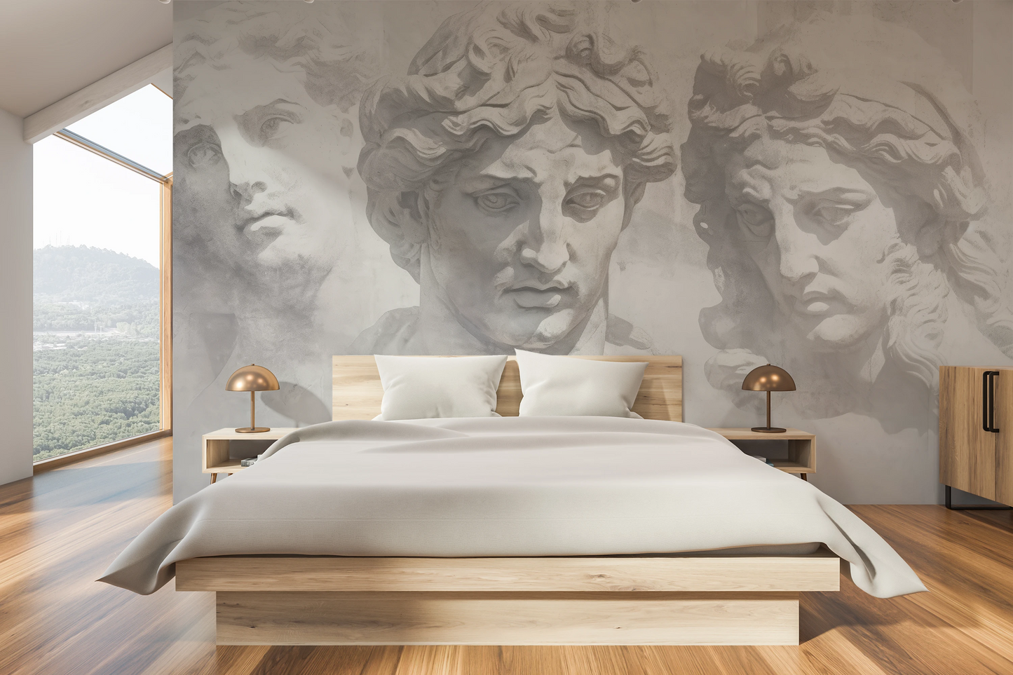 Wzór fototapety malowanej o nazwie Greek Tragedy pokazanej w aranżacji wnętrza.