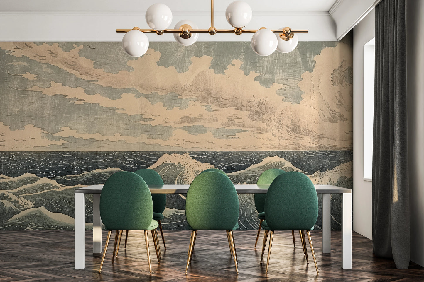 Wzór fototapety o nazwie Cloudy Sea Harmony pokazanej w kontekście pomieszczenia.