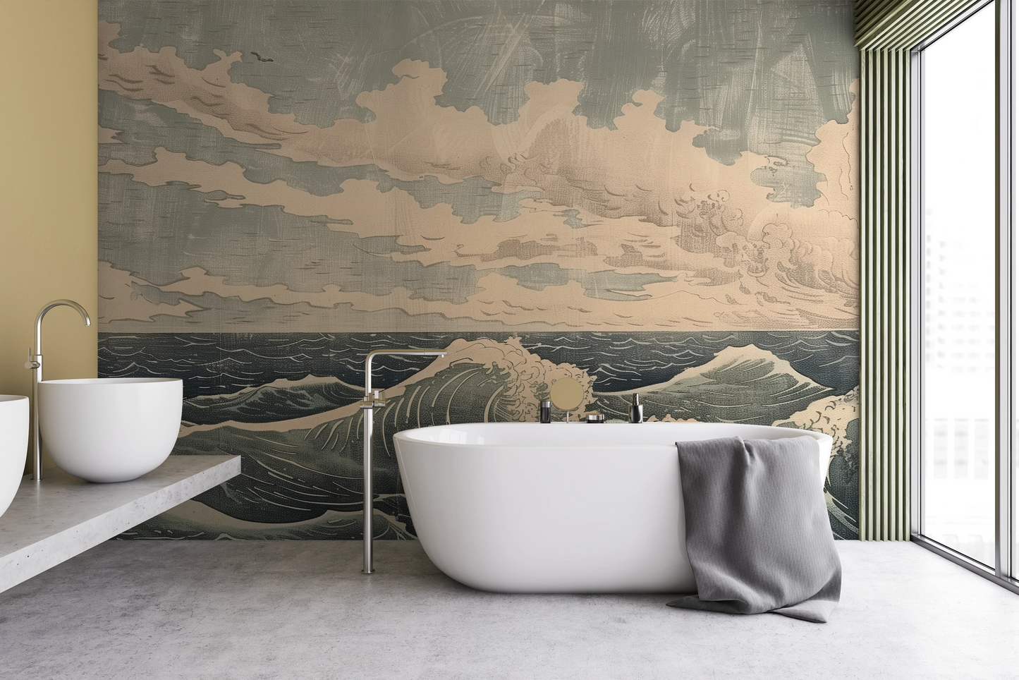 Wzór fototapety malowanej o nazwie Cloudy Sea Harmony pokazanej w aranżacji wnętrza.