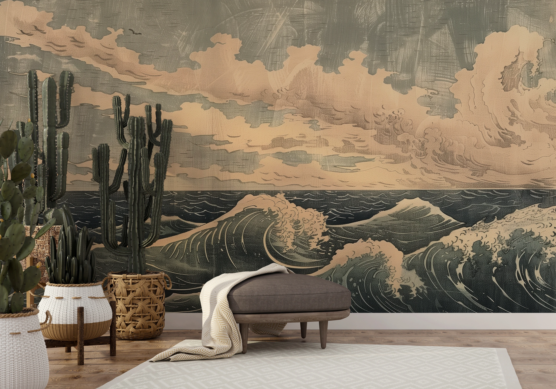 Wzór fototapety artystycznej o nazwie Cloudy Sea Harmony pokazanej w aranżacji wnętrza.