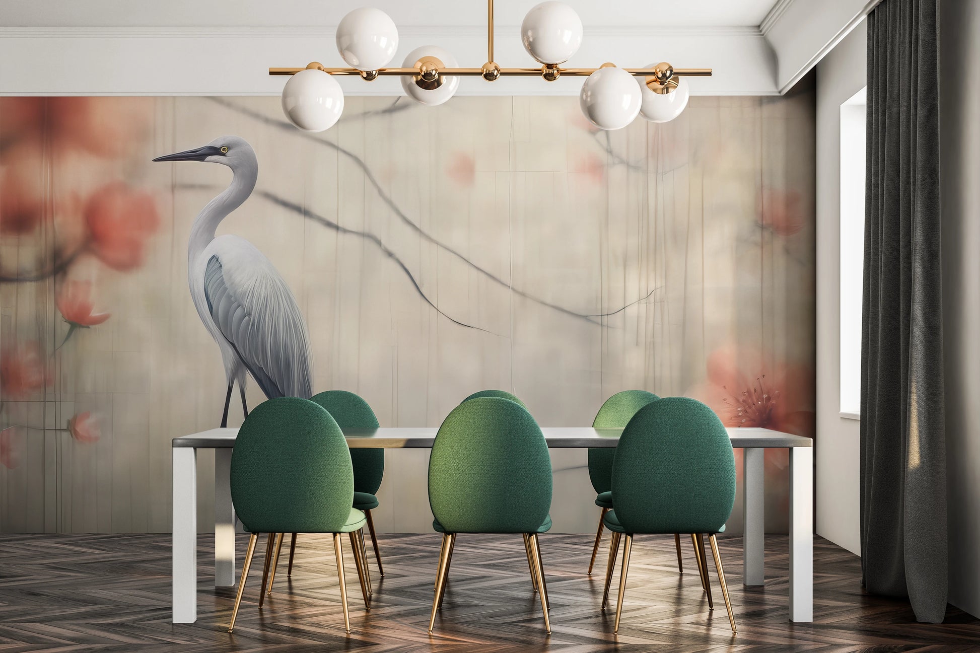 Zdjęcie prezentuje aranżację wnętrza z użyciem fototapety o nazwie Heron's Realm pokazanej w aranżacji wnętrza.