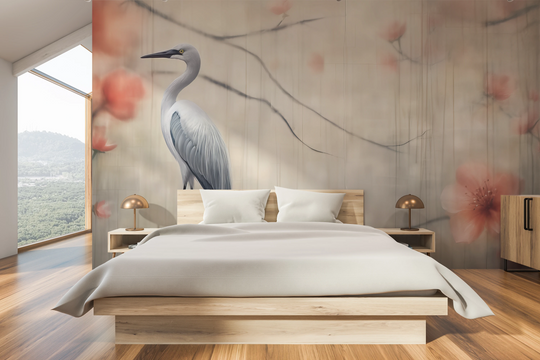 Wzór fototapety artystycznej o nazwie Heron's Realm pokazanej w aranżacji wnętrza.