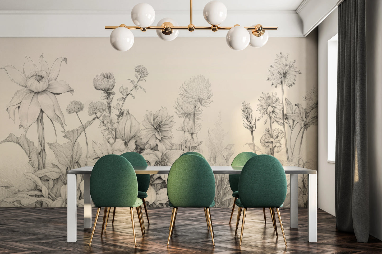 Wzór fototapety artystycznej o nazwie Harmonious Blossoms pokazanej w aranżacji wnętrza.