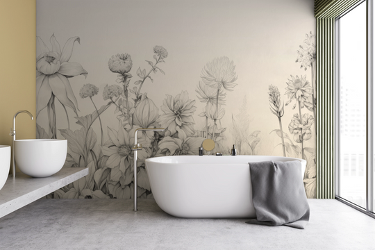 Wzór fototapety artystycznej o nazwie Harmonious Blossoms pokazanej w aranżacji wnętrza.