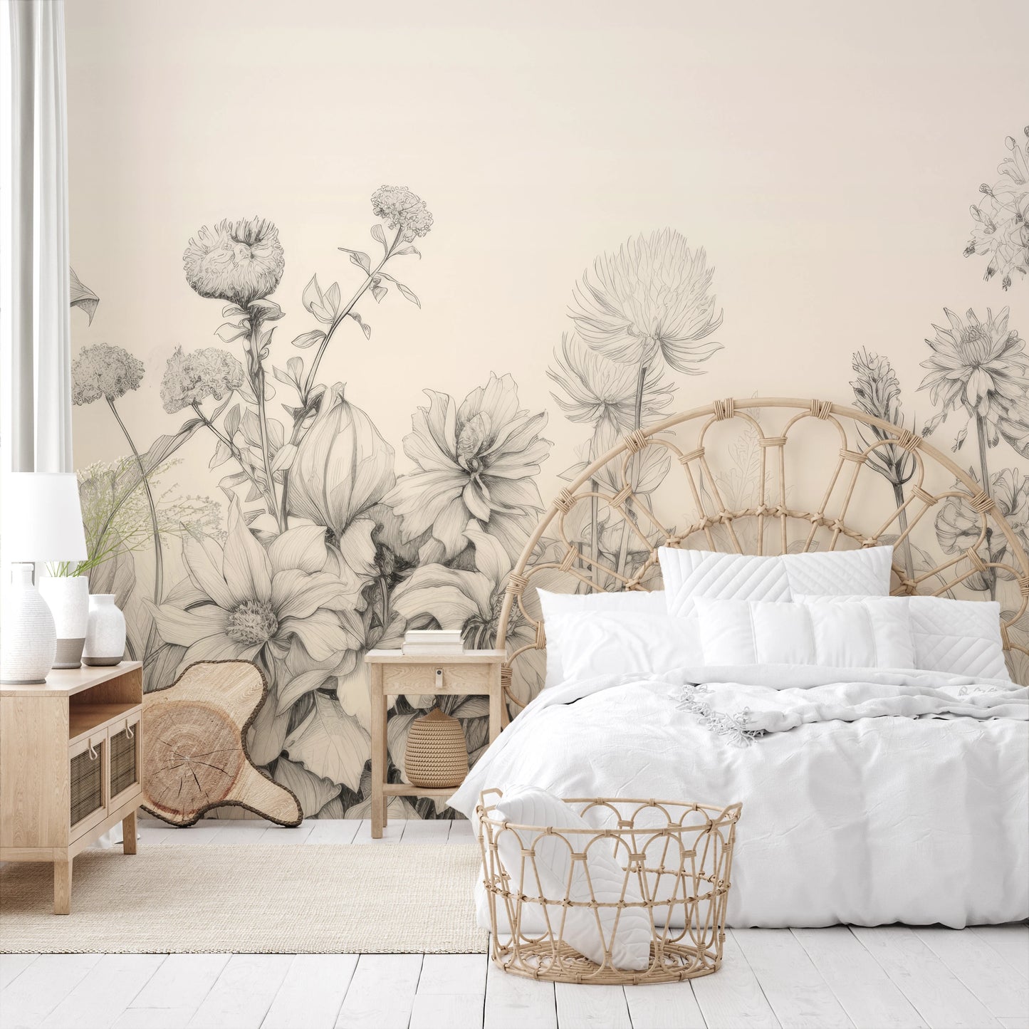 Wzór fototapety o nazwie Harmonious Blossoms pokazanej w kontekście pomieszczenia.