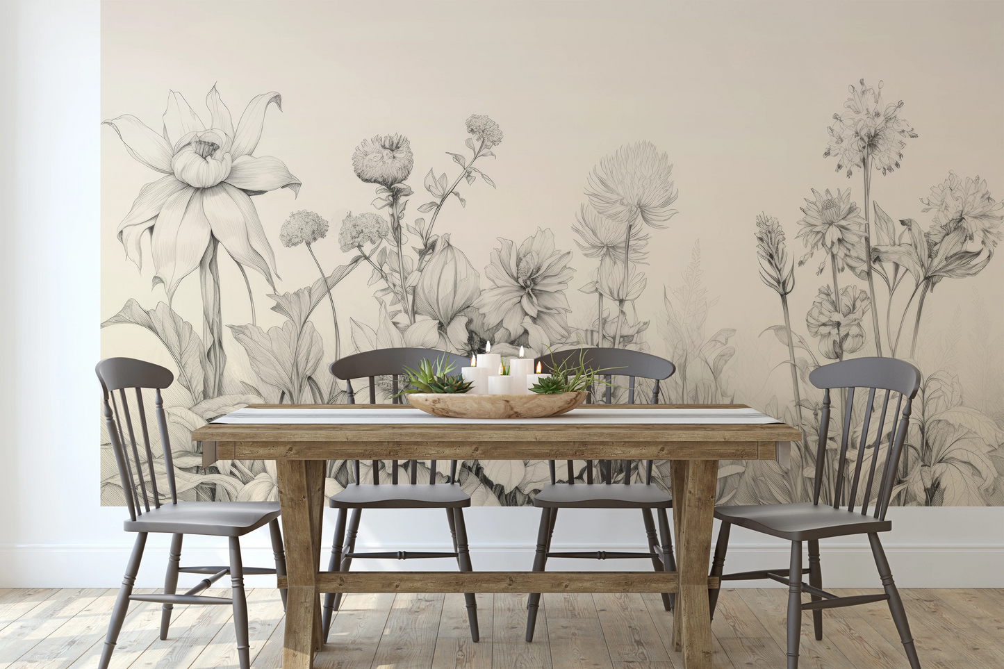 Fototapeta artystyczna o nazwie Harmonious Blossoms pokazana w aranżacji wnętrza.
