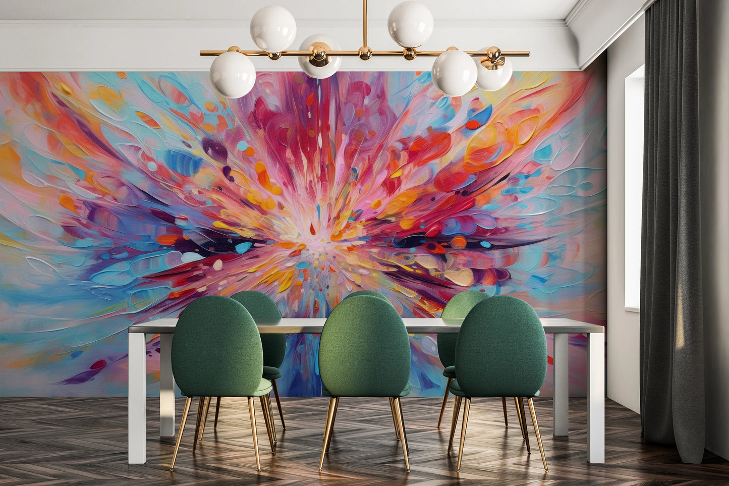 Wzór fototapety artystycznej o nazwie Explosion of Joy pokazanej w aranżacji wnętrza.