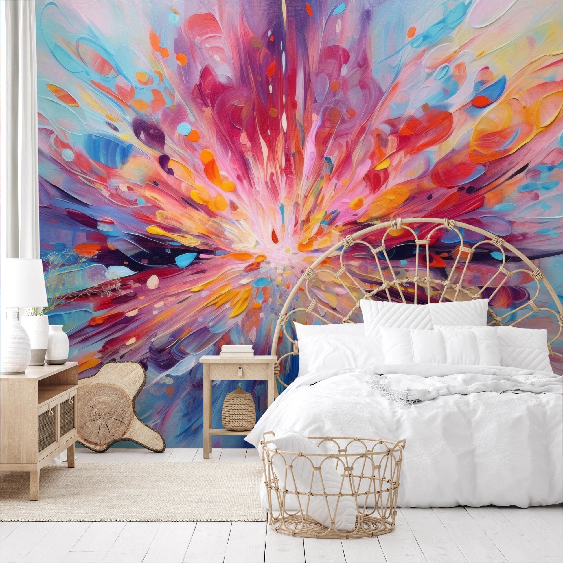 Wzór fototapety artystycznej o nazwie Explosion of Joy pokazanej w aranżacji wnętrza.