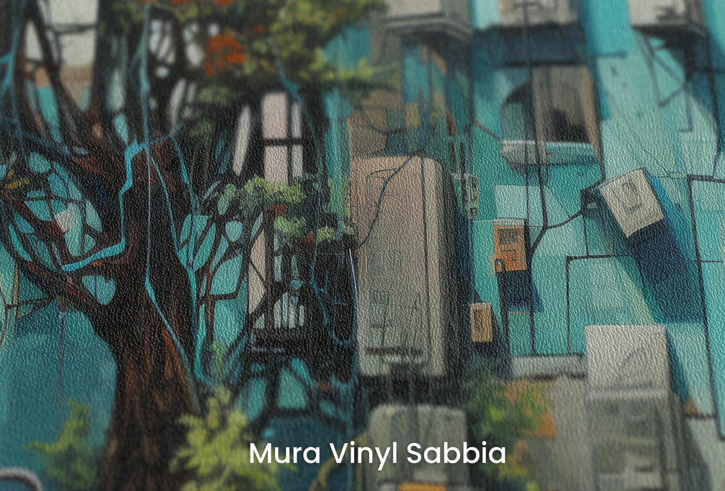 Zbliżenie na artystyczną fototapetę o nazwie Concrete Oasis na podłożu Mura Vinyl Sabbia struktura grubego ziarna piasku.