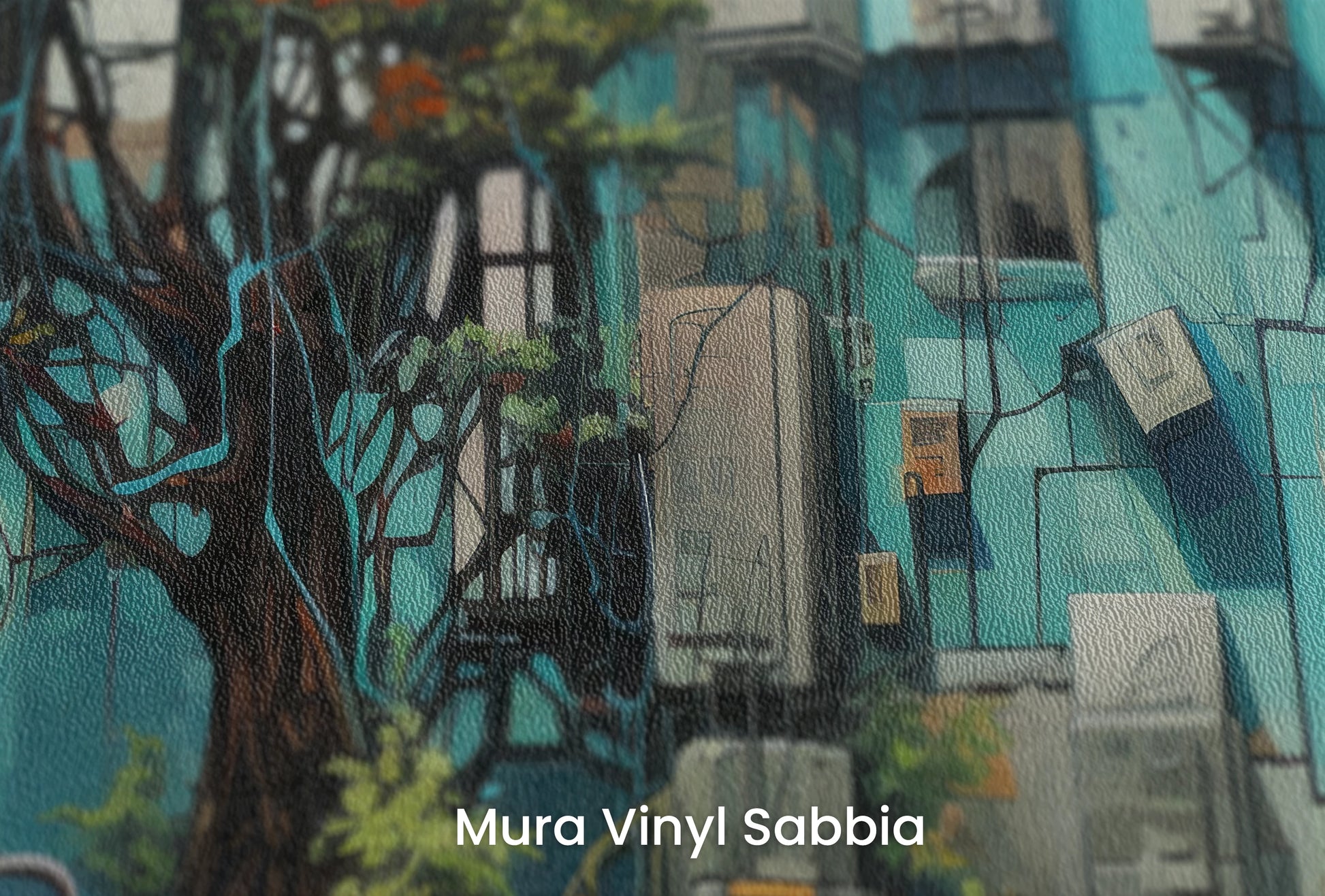 Zbliżenie na artystyczną fototapetę o nazwie Concrete Oasis na podłożu Mura Vinyl Sabbia struktura grubego ziarna piasku.