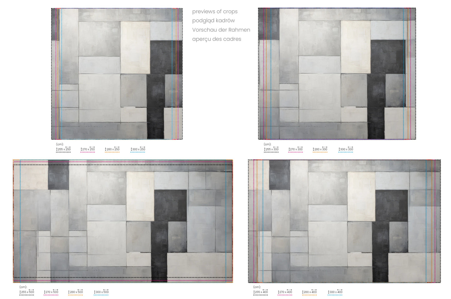 Na obrazie znajduje się prezentacja przykładowych rozmiarów fototapety o nazwie Concrete Patchwork. Rozmiar fototapety jest dowolny.