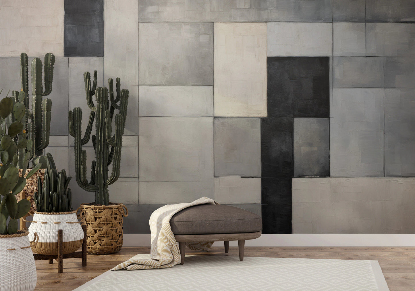 Fototapeta artystyczna o nazwie Concrete Patchwork pokazana w aranżacji wnętrza.