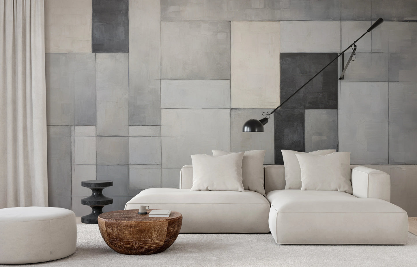 Wzór fototapety o nazwie Concrete Patchwork pokazanej w kontekście pomieszczenia.