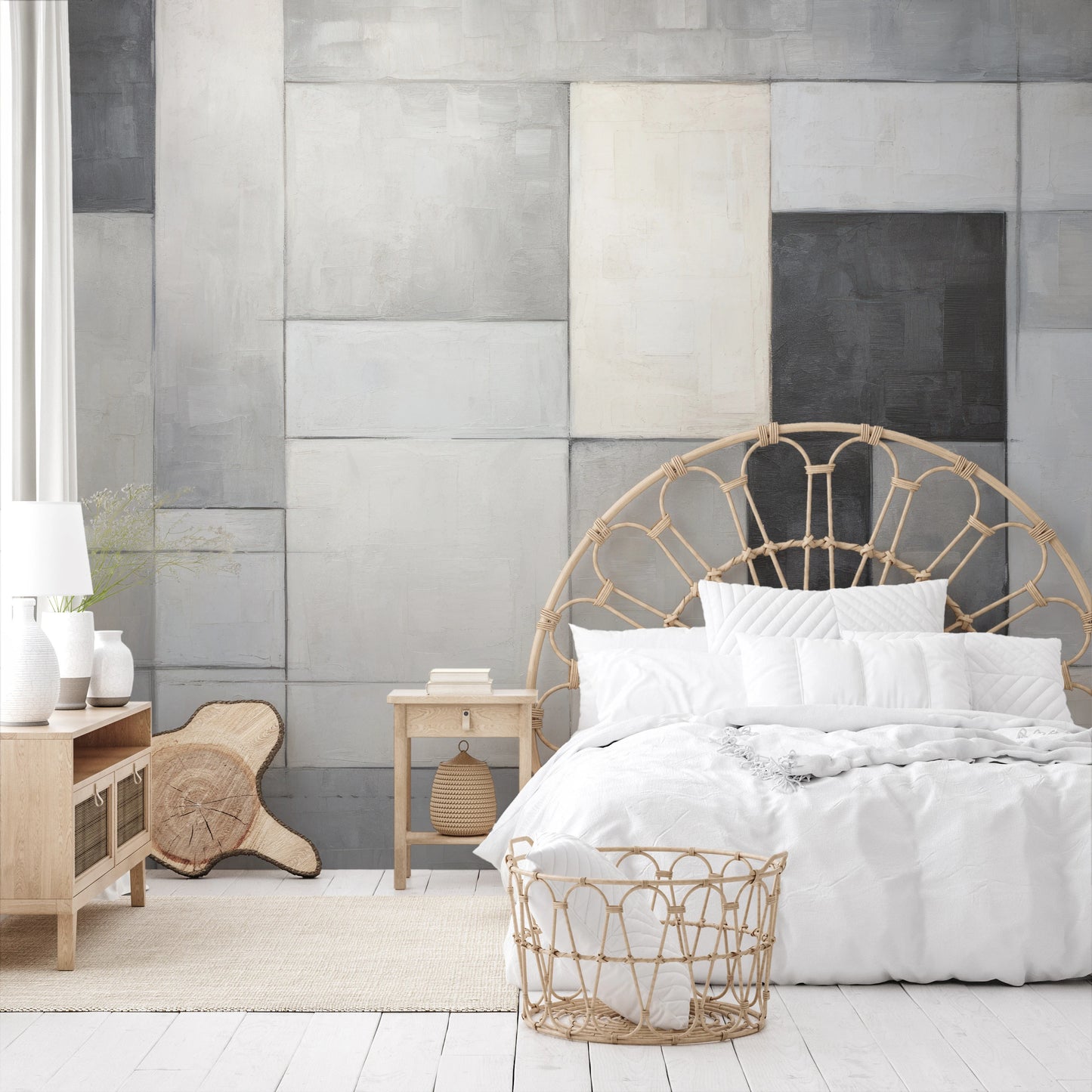 Wzór fototapety malowanej o nazwie Concrete Patchwork pokazanej w aranżacji wnętrza.