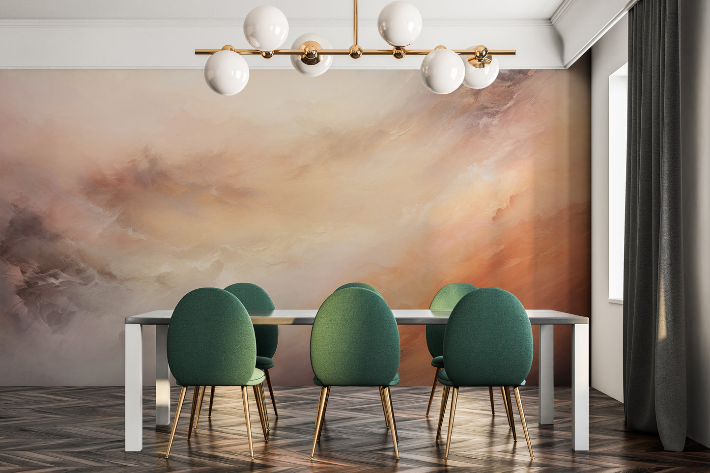 Wzór fototapety artystycznej o nazwie AMBER SUNSET SWIRLS pokazanej w aranżacji wnętrza.