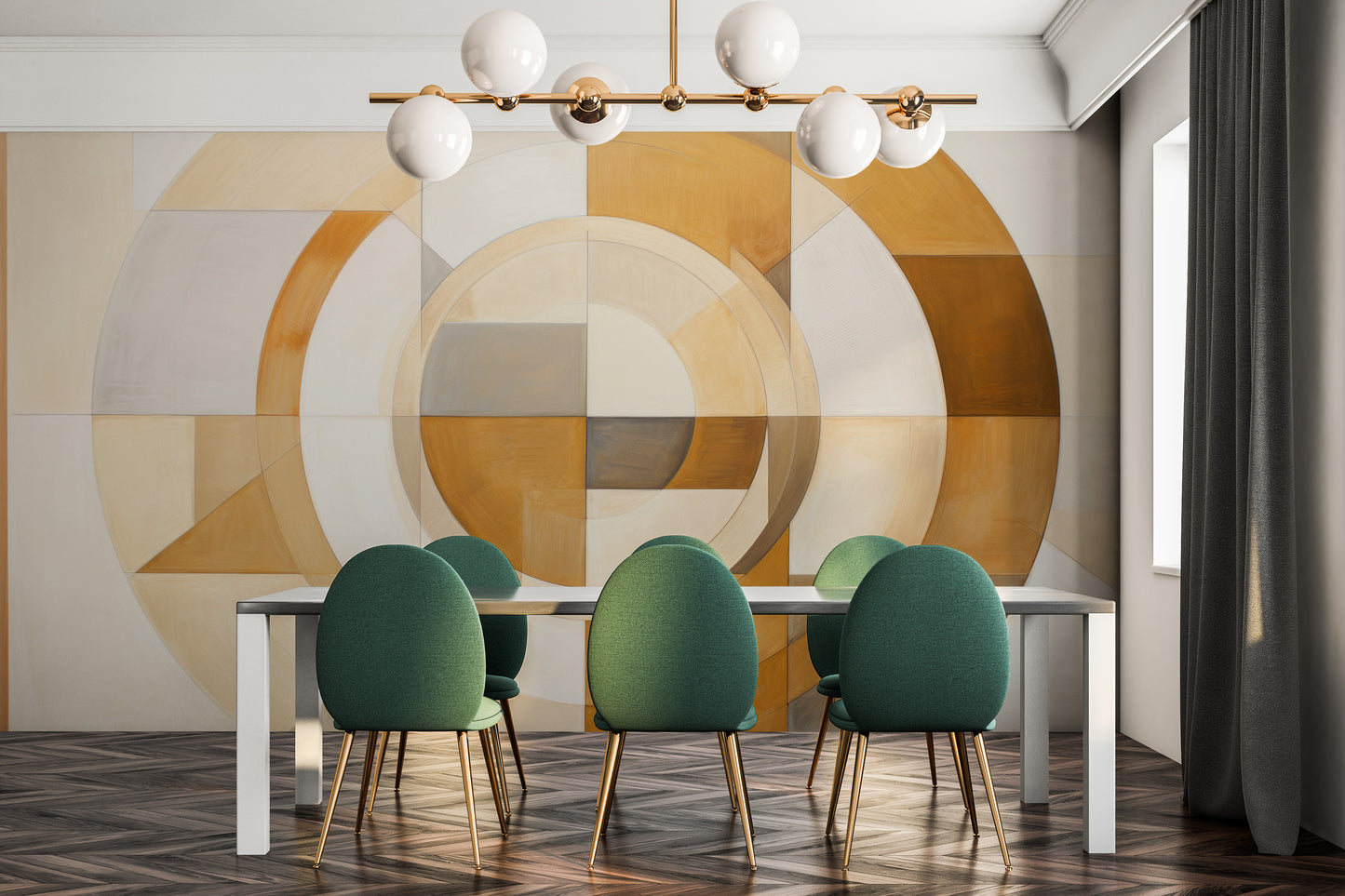 Fototapeta artystyczna o nazwie ORBITAL BEIGE BALANCE pokazana w aranżacji wnętrza.