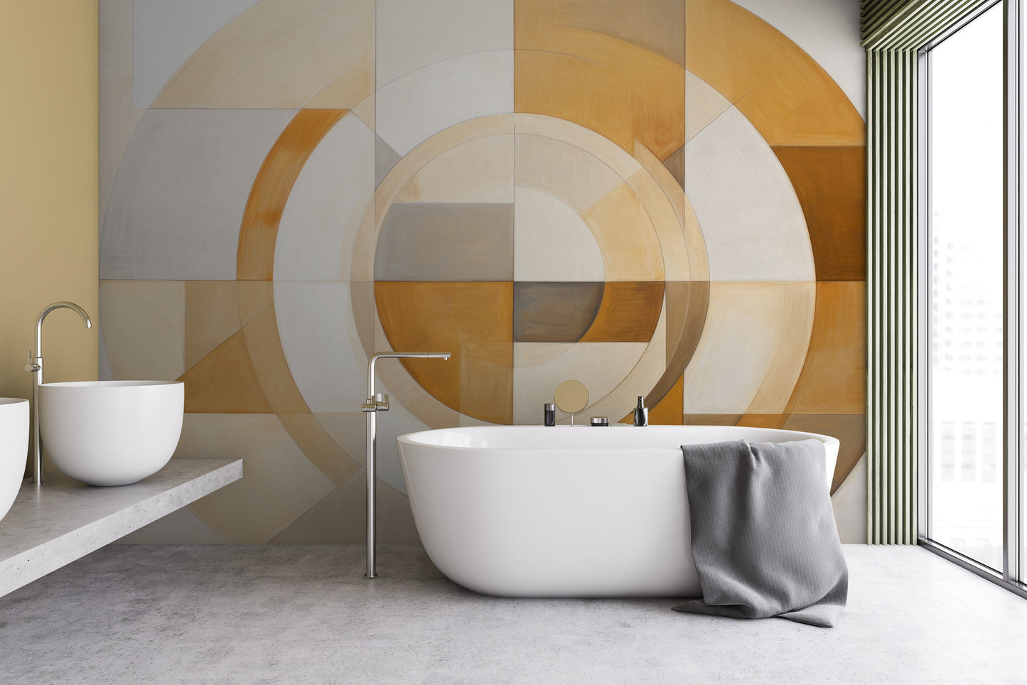 Fototapeta malowana o nazwie ORBITAL BEIGE BALANCE pokazana w aranżacji wnętrza.