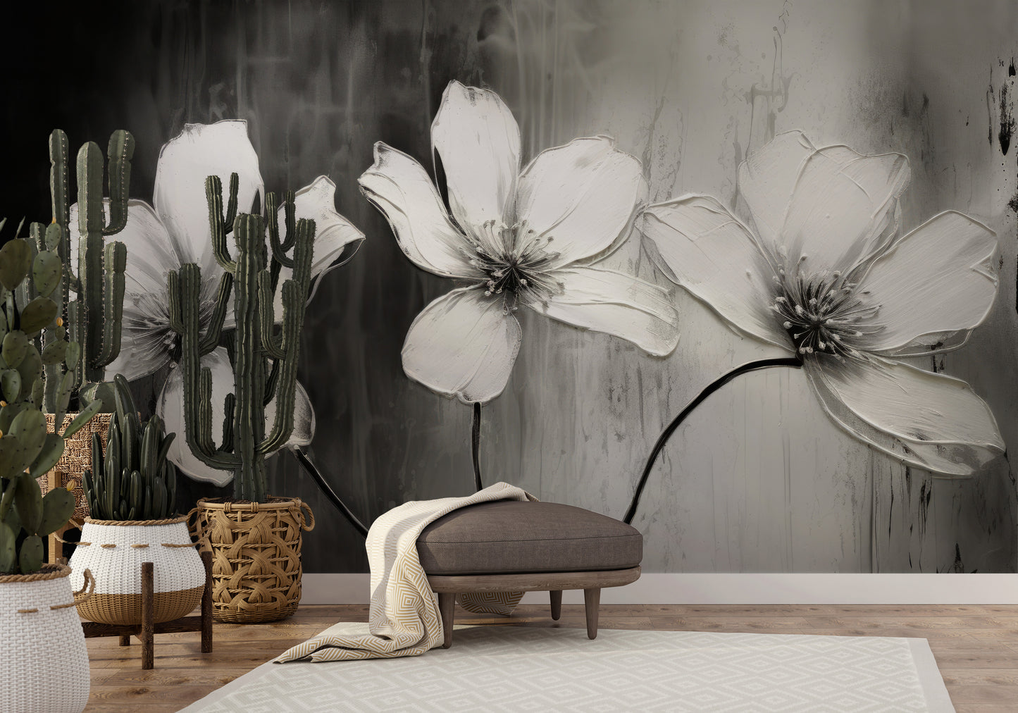 Wzór fototapety artystycznej o nazwie CHIAROSCURO BLOSSOMS pokazanej w aranżacji wnętrza.