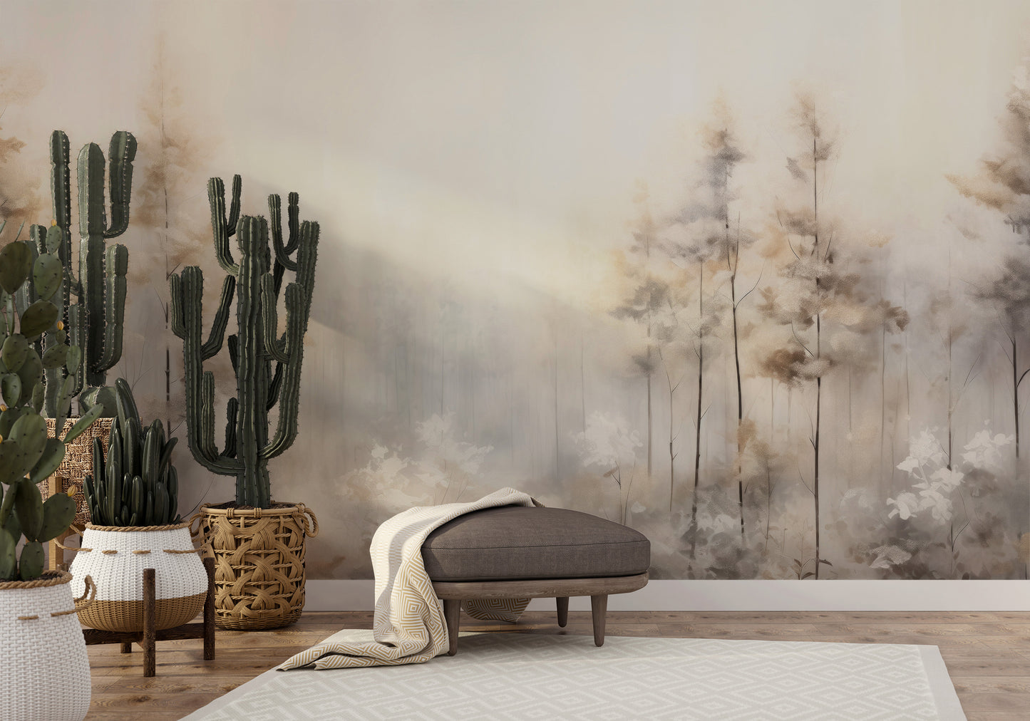 Wzór fototapety artystycznej o nazwie MISTY MORNING MEADOW MURAL pokazanej w aranżacji wnętrza.