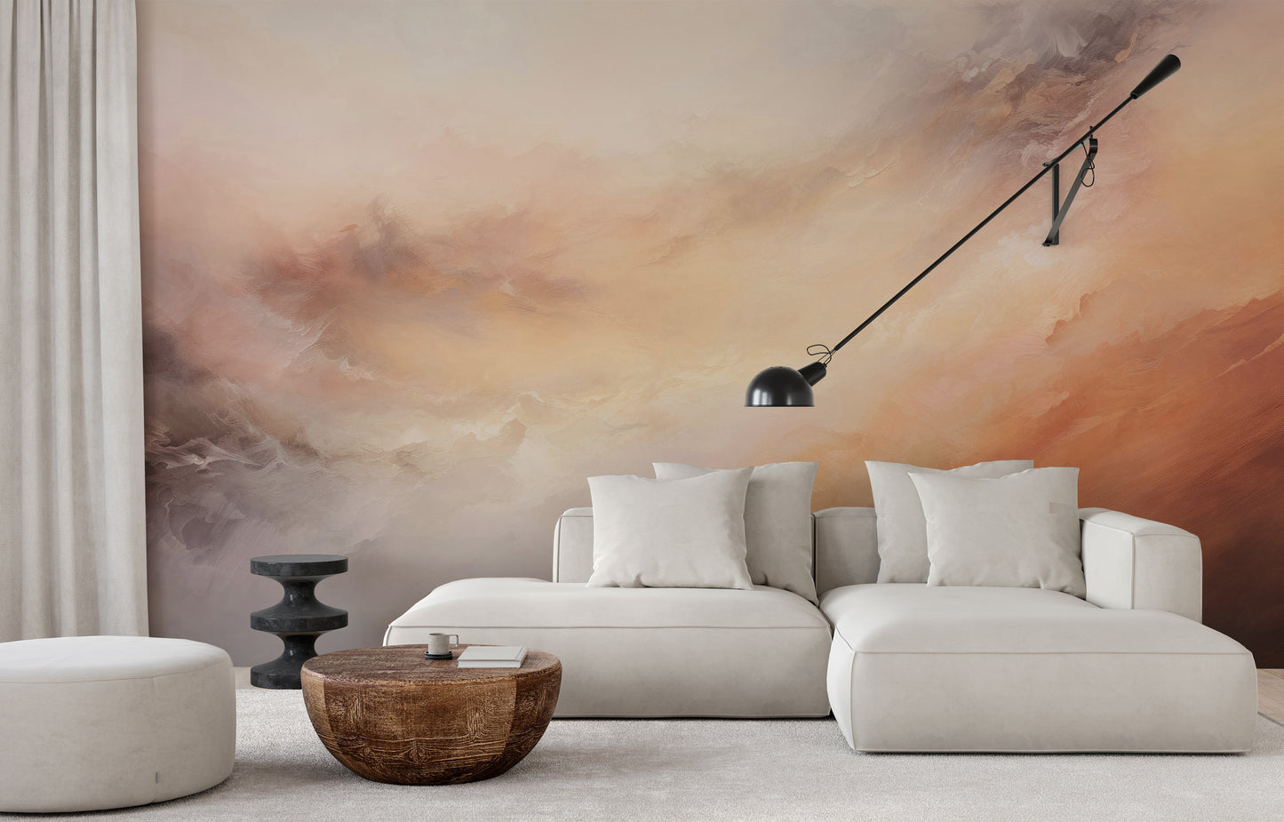 Wzór fototapety o nazwie AMBER SUNSET SWIRLS pokazanej w kontekście pomieszczenia.