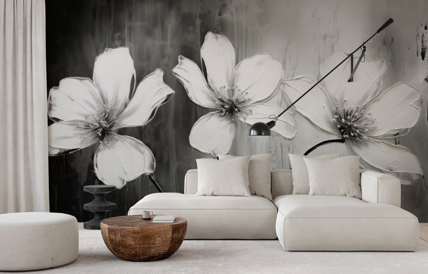Wzór fototapety artystycznej o nazwie CHIAROSCURO BLOSSOMS pokazanej w aranżacji wnętrza.