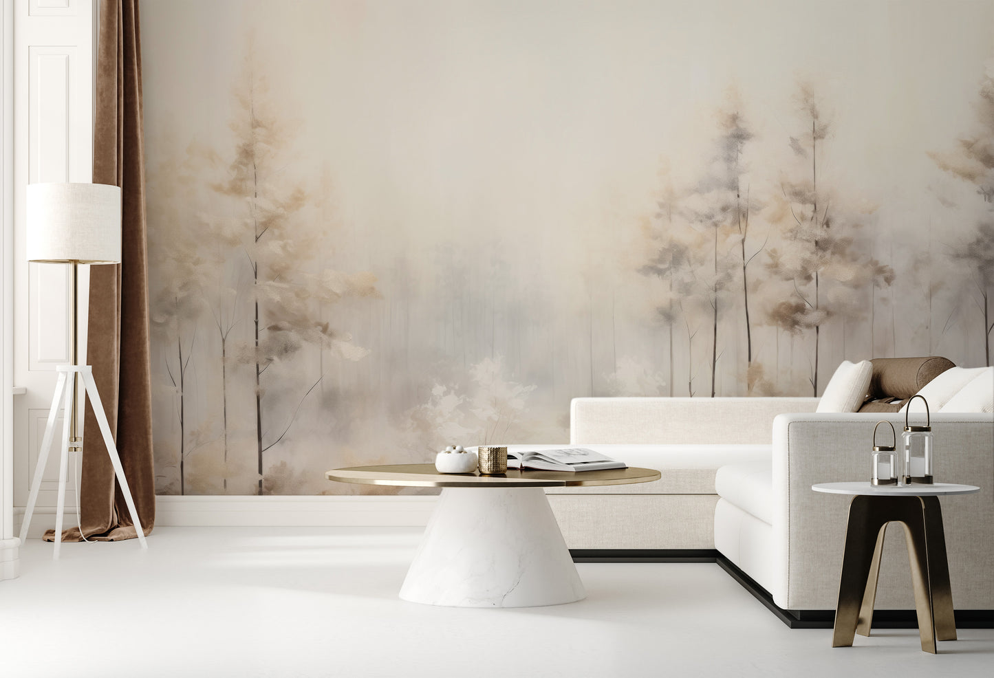 Wzór fototapety malowanej o nazwie MISTY MORNING MEADOW MURAL pokazanej w aranżacji wnętrza.
