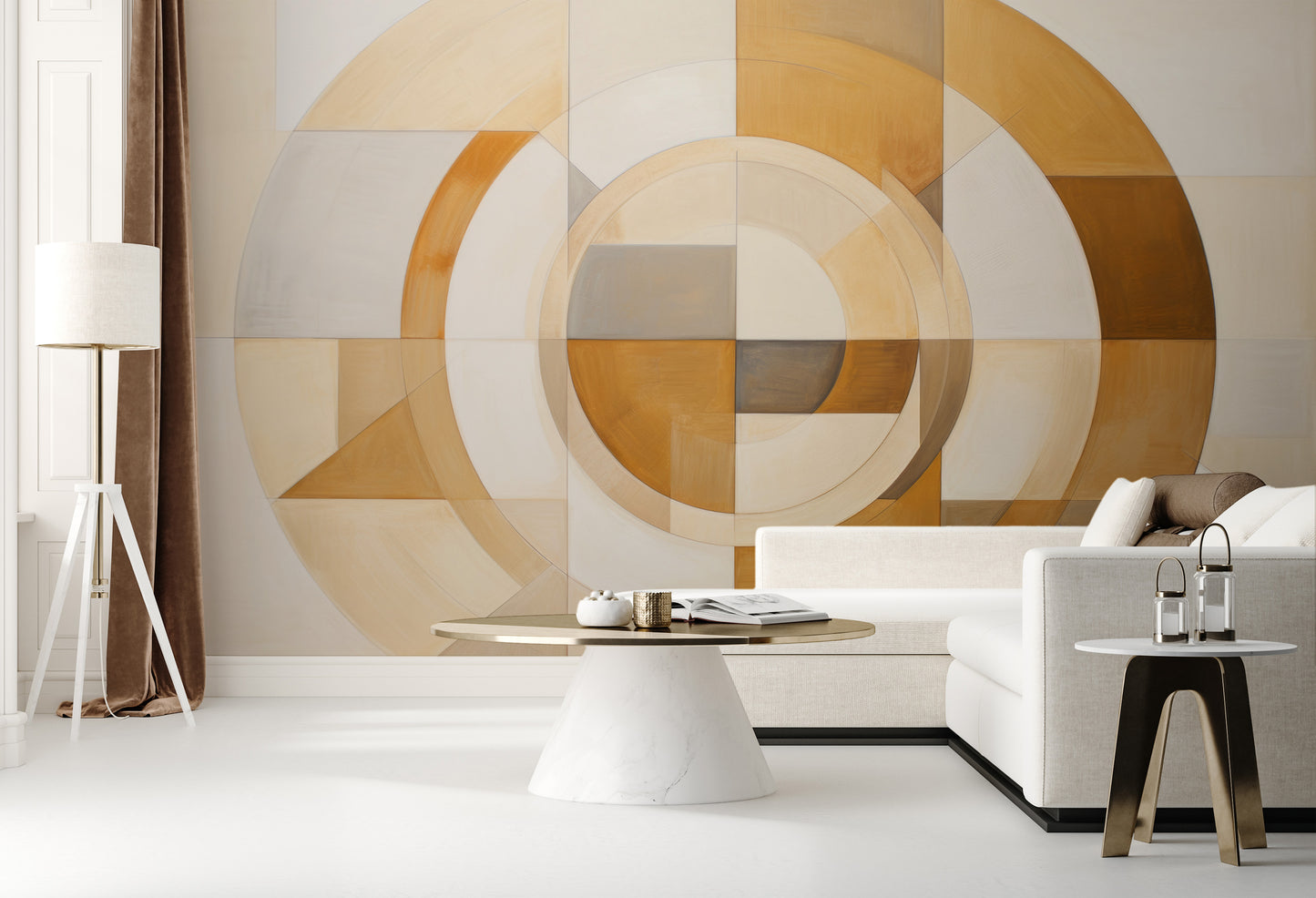 Zdjęcie prezentuje aranżację wnętrza z użyciem fototapety o nazwie ORBITAL BEIGE BALANCE pokazanej w aranżacji wnętrza.