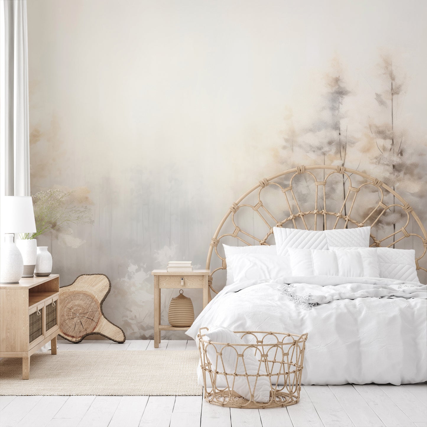 Wzór fototapety o nazwie MISTY MORNING MEADOW MURAL pokazanej w kontekście pomieszczenia.