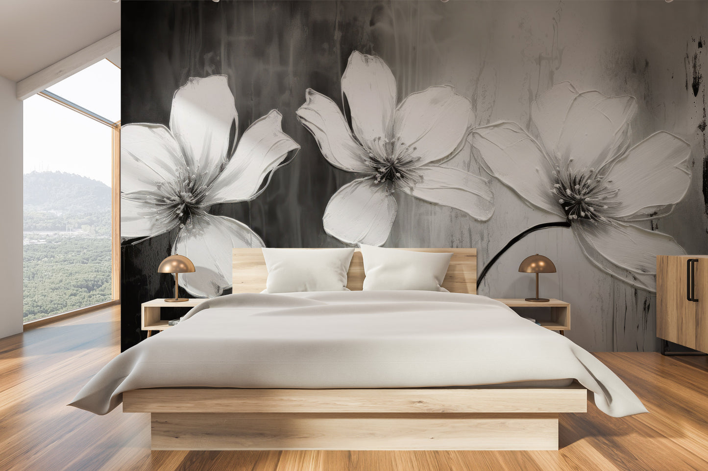 Wzór fototapety o nazwie CHIAROSCURO BLOSSOMS pokazanej w kontekście pomieszczenia.