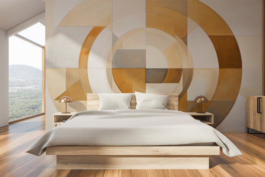 Wzór fototapety artystycznej o nazwie ORBITAL BEIGE BALANCE pokazanej w aranżacji wnętrza.