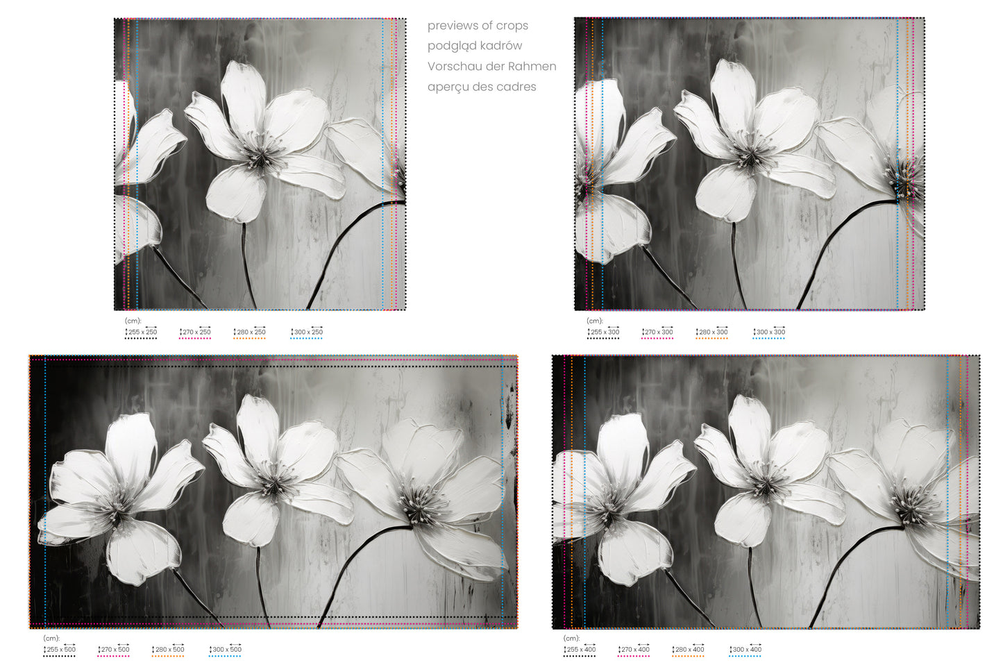 Na obrazie znajduje się prezentacja przykładowych rozmiarów fototapety o nazwie CHIAROSCURO BLOSSOMS. Rozmiar fototapety jest dowolny.