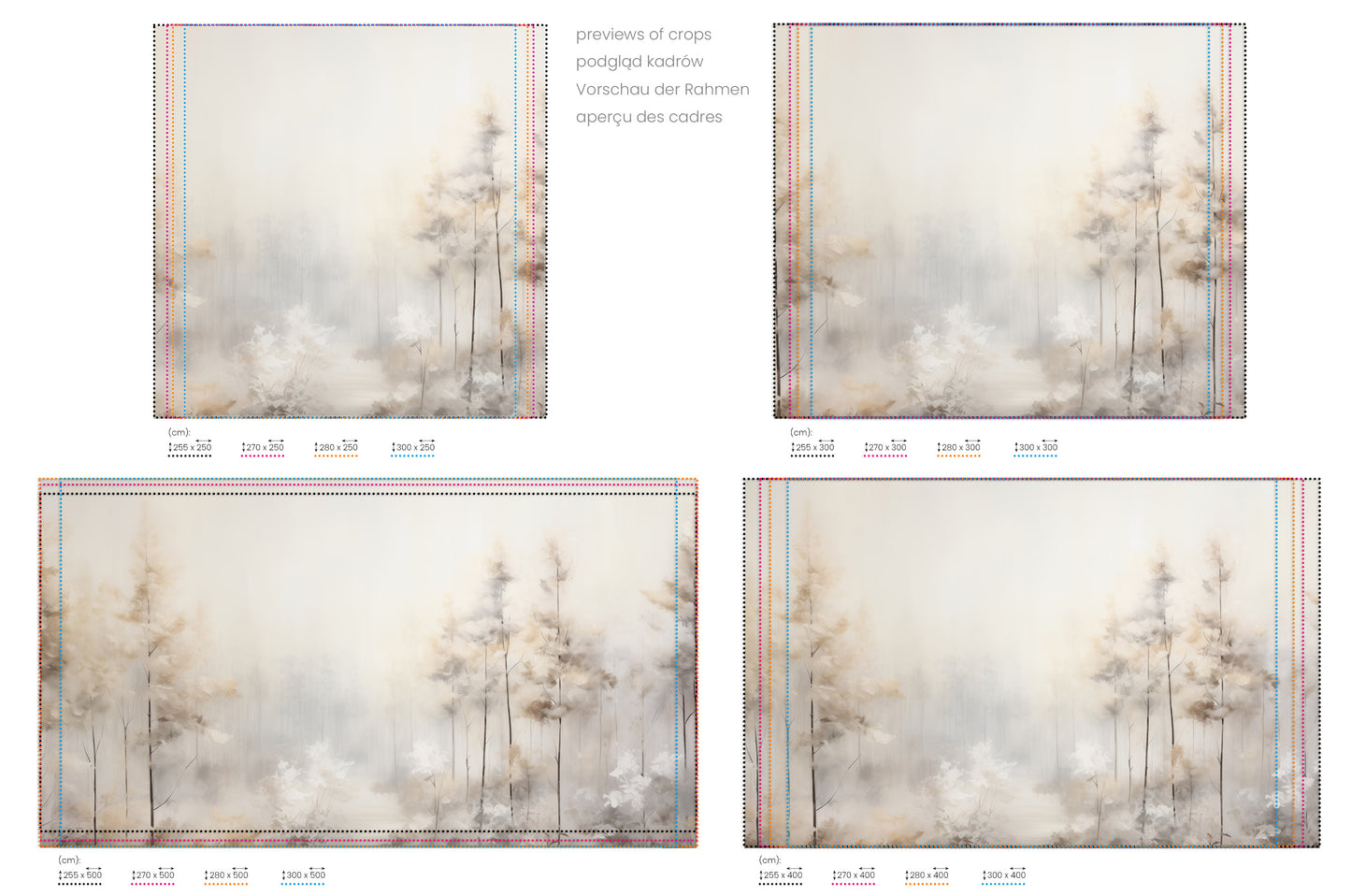 Na obrazie znajduje się prezentacja przykładowych rozmiarów fototapety o nazwie MISTY MORNING MEADOW MURAL. Rozmiar fototapety jest dowolny.