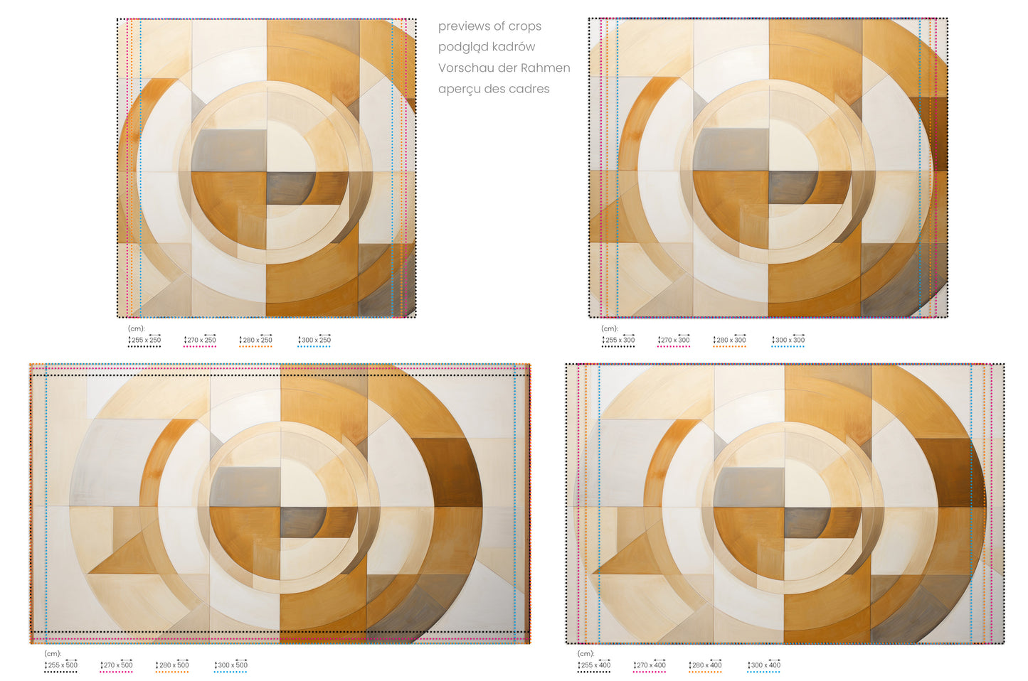 Na obrazie znajduje się prezentacja przykładowych rozmiarów fototapety o nazwie ORBITAL BEIGE BALANCE. Rozmiar fototapety jest dowolny.