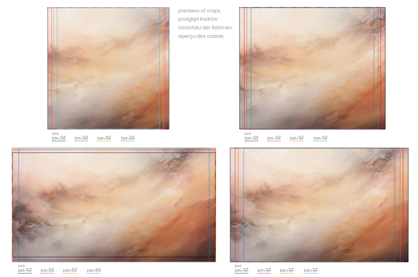 Na obrazie znajduje się prezentacja przykładowych rozmiarów fototapety o nazwie AMBER SUNSET SWIRLS. Rozmiar fototapety jest dowolny.