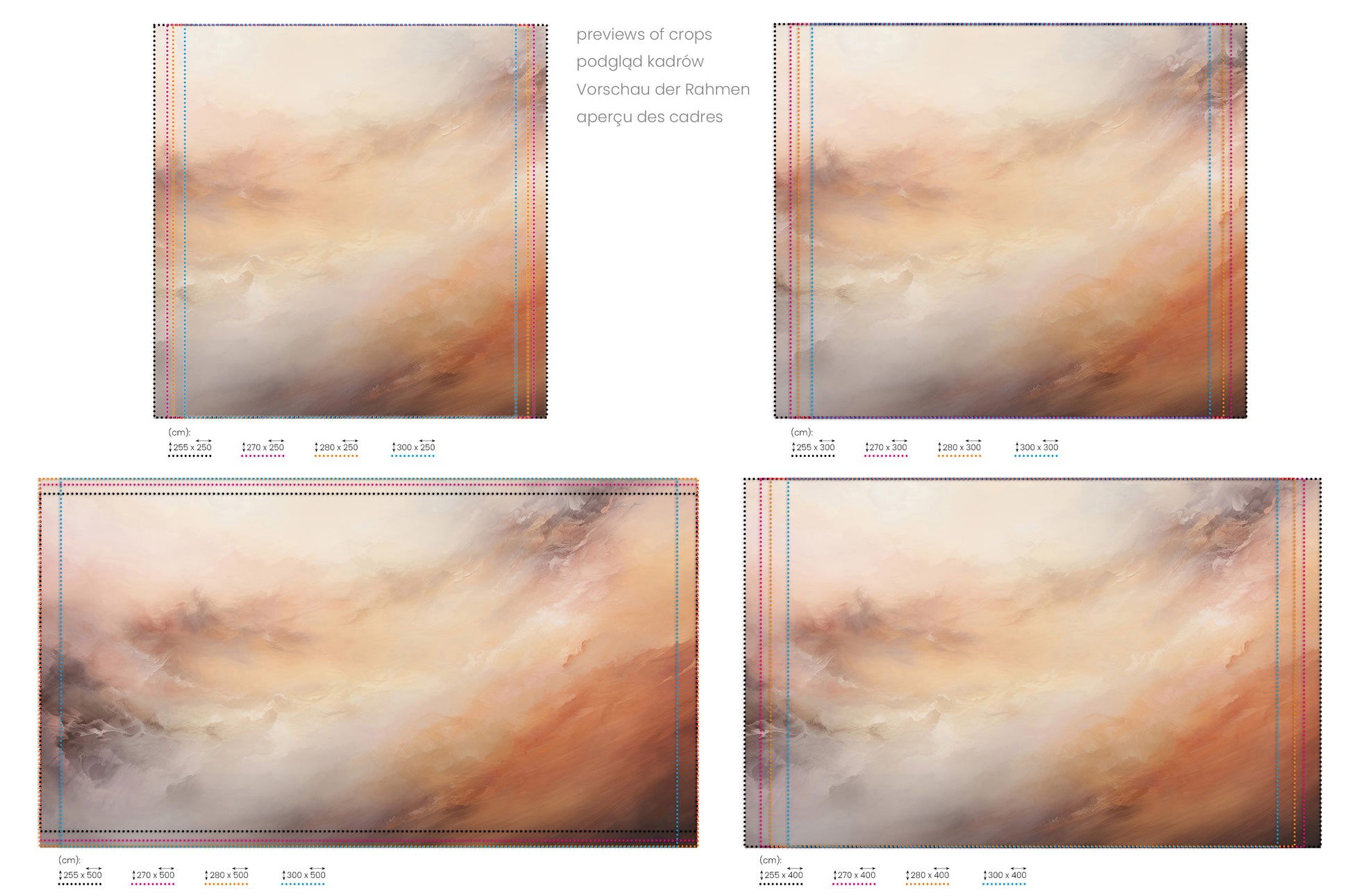 Na obrazie znajduje się prezentacja przykładowych rozmiarów fototapety o nazwie AMBER SUNSET SWIRLS. Rozmiar fototapety jest dowolny.