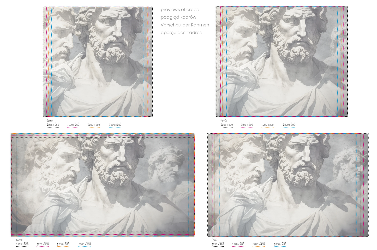 Na obrazie znajduje się prezentacja przykładowych rozmiarów fototapety o nazwie Eternal Contemplation. Rozmiar fototapety jest dowolny.