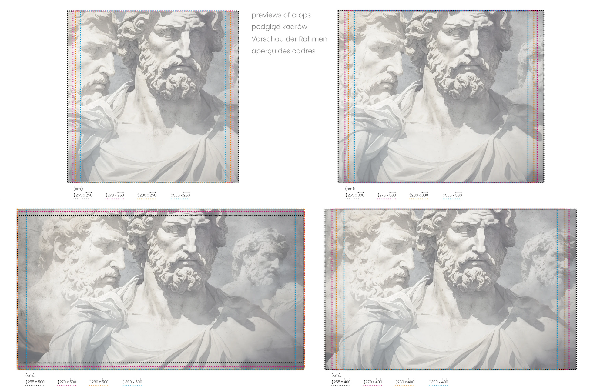 Na obrazie znajduje się prezentacja przykładowych rozmiarów fototapety o nazwie Eternal Contemplation. Rozmiar fototapety jest dowolny.