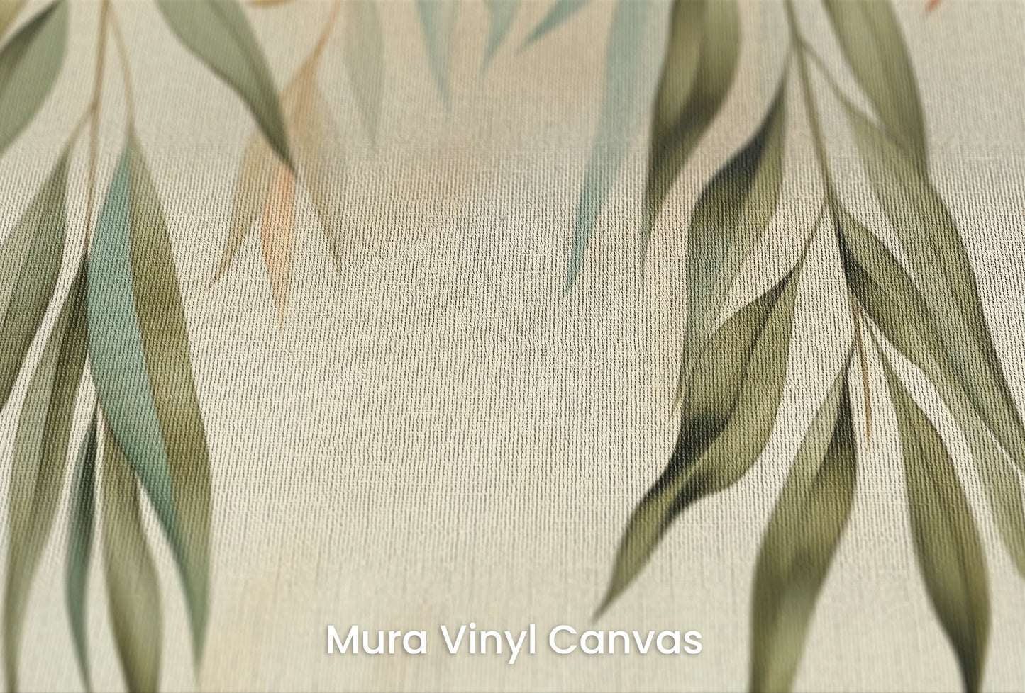 Zbliżenie na artystyczną fototapetę o nazwie Serenity Leaves na podłożu Mura Vinyl Canvas - faktura naturalnego płótna.