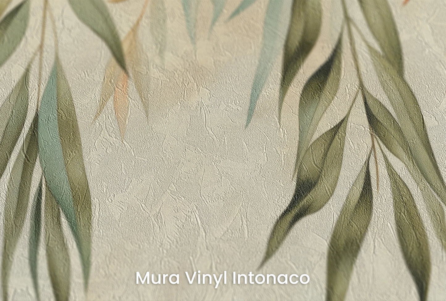 Zbliżenie na artystyczną fototapetę o nazwie Serenity Leaves na podłożu Mura Vinyl Intonaco - struktura tartego tynku.