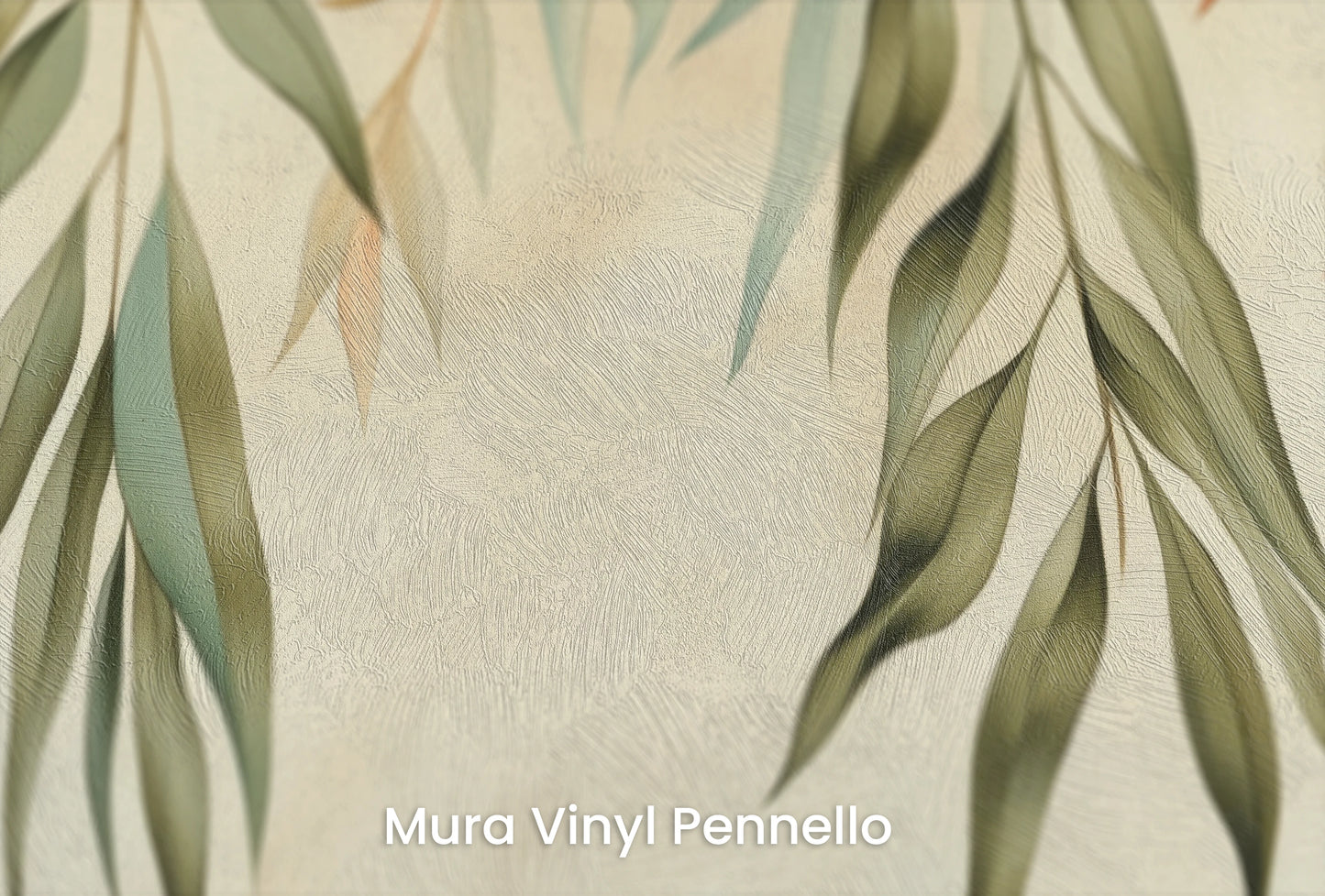 Zbliżenie na artystyczną fototapetę o nazwie Serenity Leaves na podłożu Mura Vinyl Pennello - faktura pociągnięć pędzla malarskiego.
