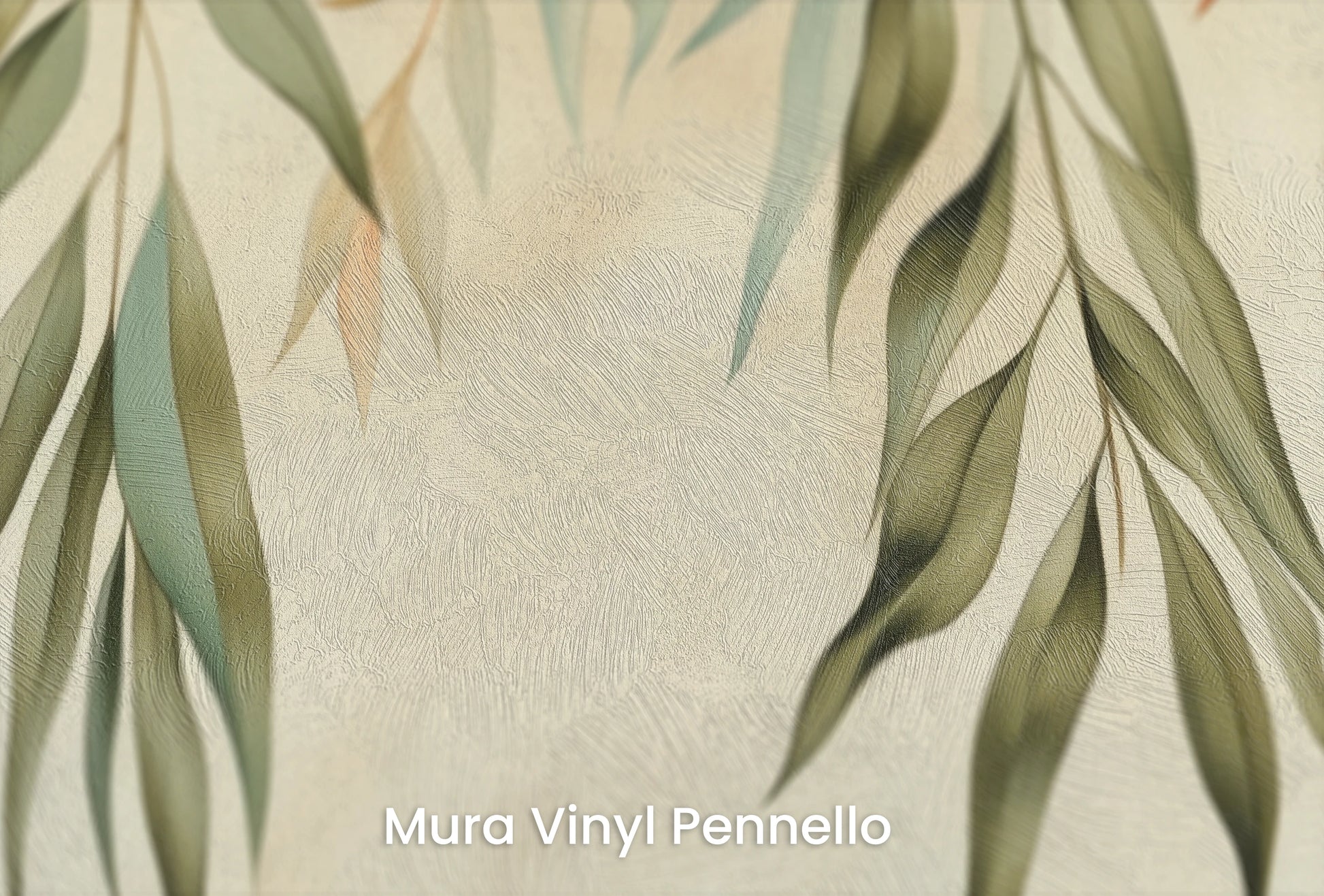 Zbliżenie na artystyczną fototapetę o nazwie Serenity Leaves na podłożu Mura Vinyl Pennello - faktura pociągnięć pędzla malarskiego.