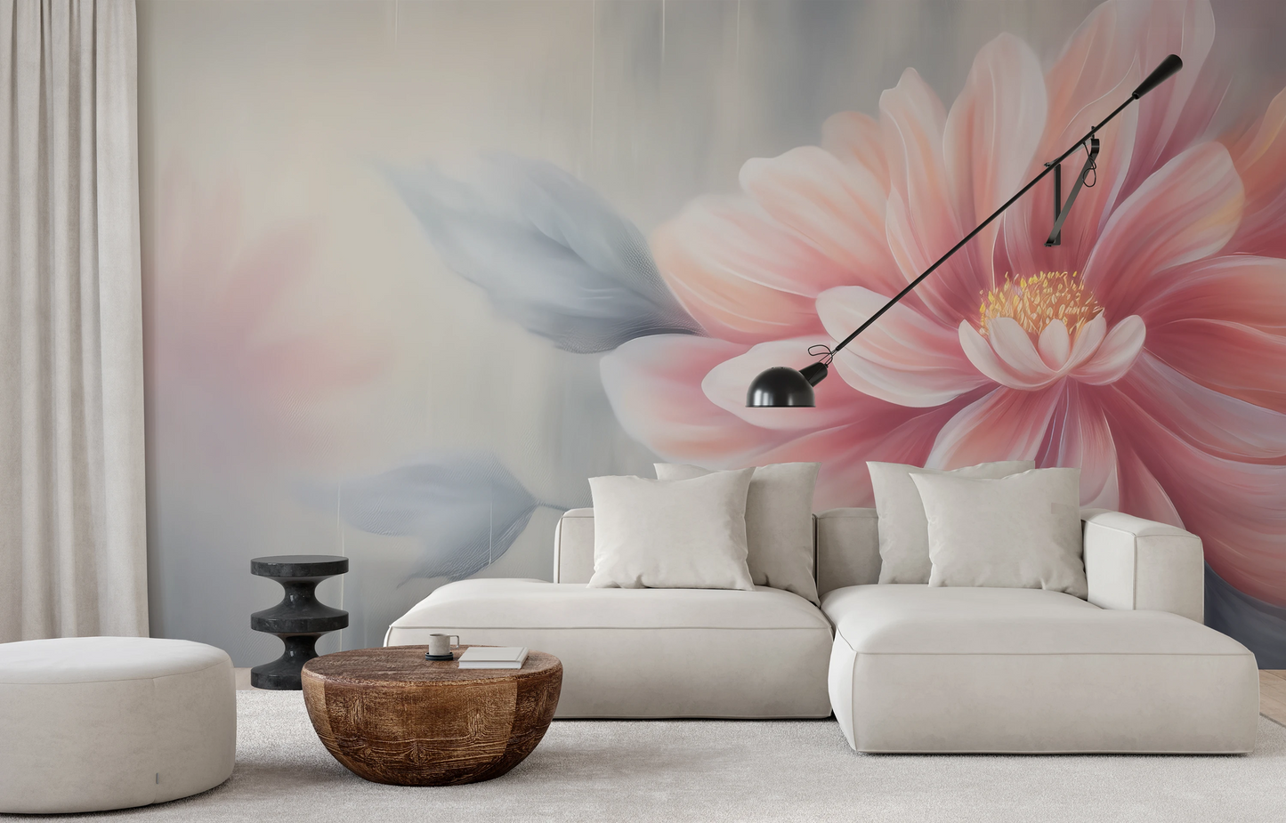 Wzór fototapety malowanej o nazwie Pink Blossom Dance pokazanej w aranżacji wnętrza.
