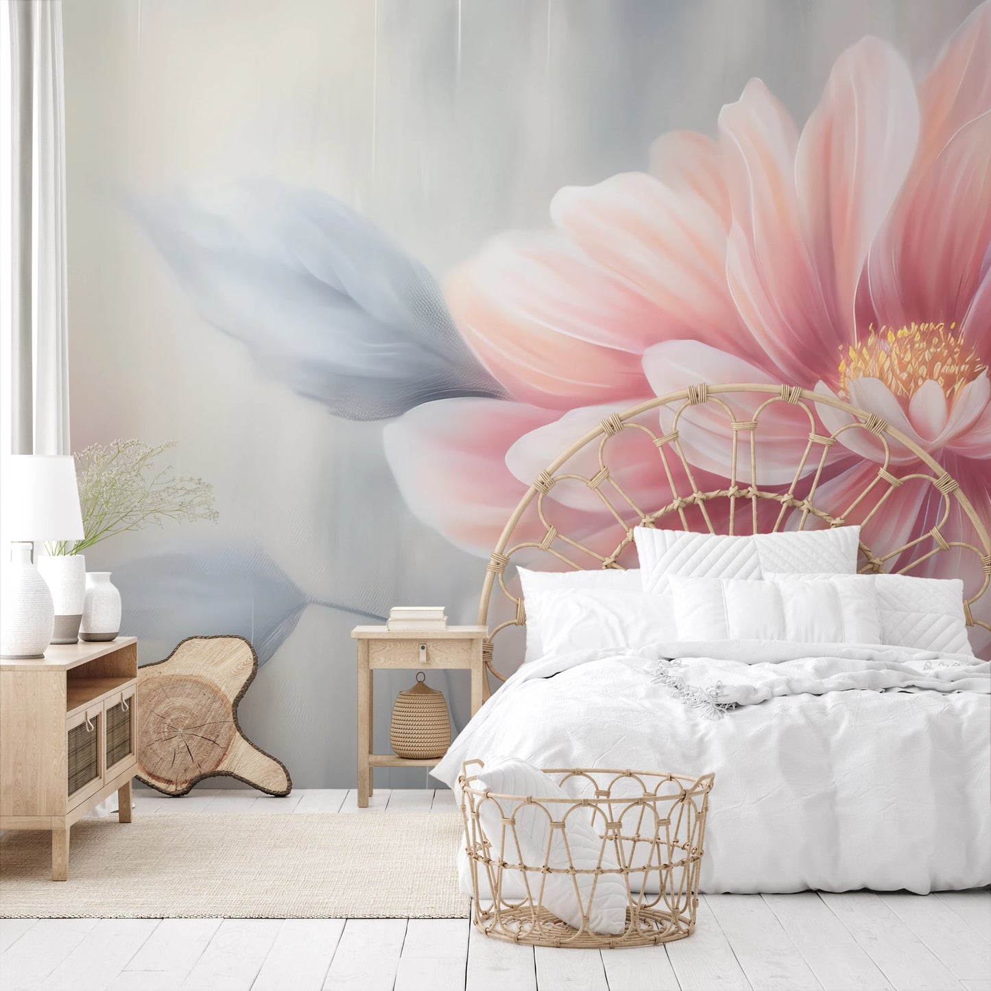 Fototapeta artystyczna o nazwie Pink Blossom Dance pokazana w aranżacji wnętrza.
