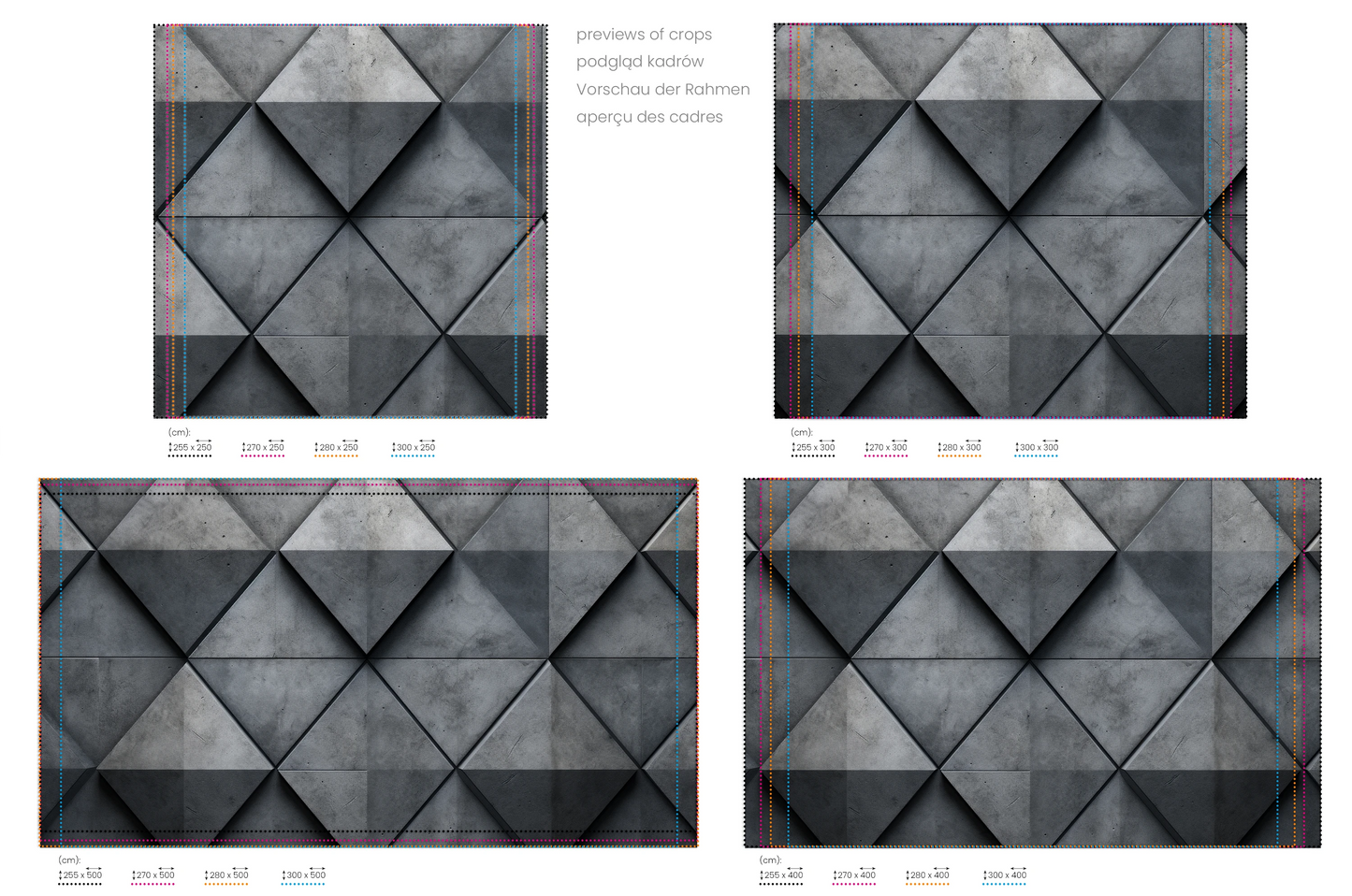 Na obrazie znajduje się prezentacja przykładowych rozmiarów fototapety o nazwie Diamond Dynamics. Rozmiar fototapety jest dowolny.